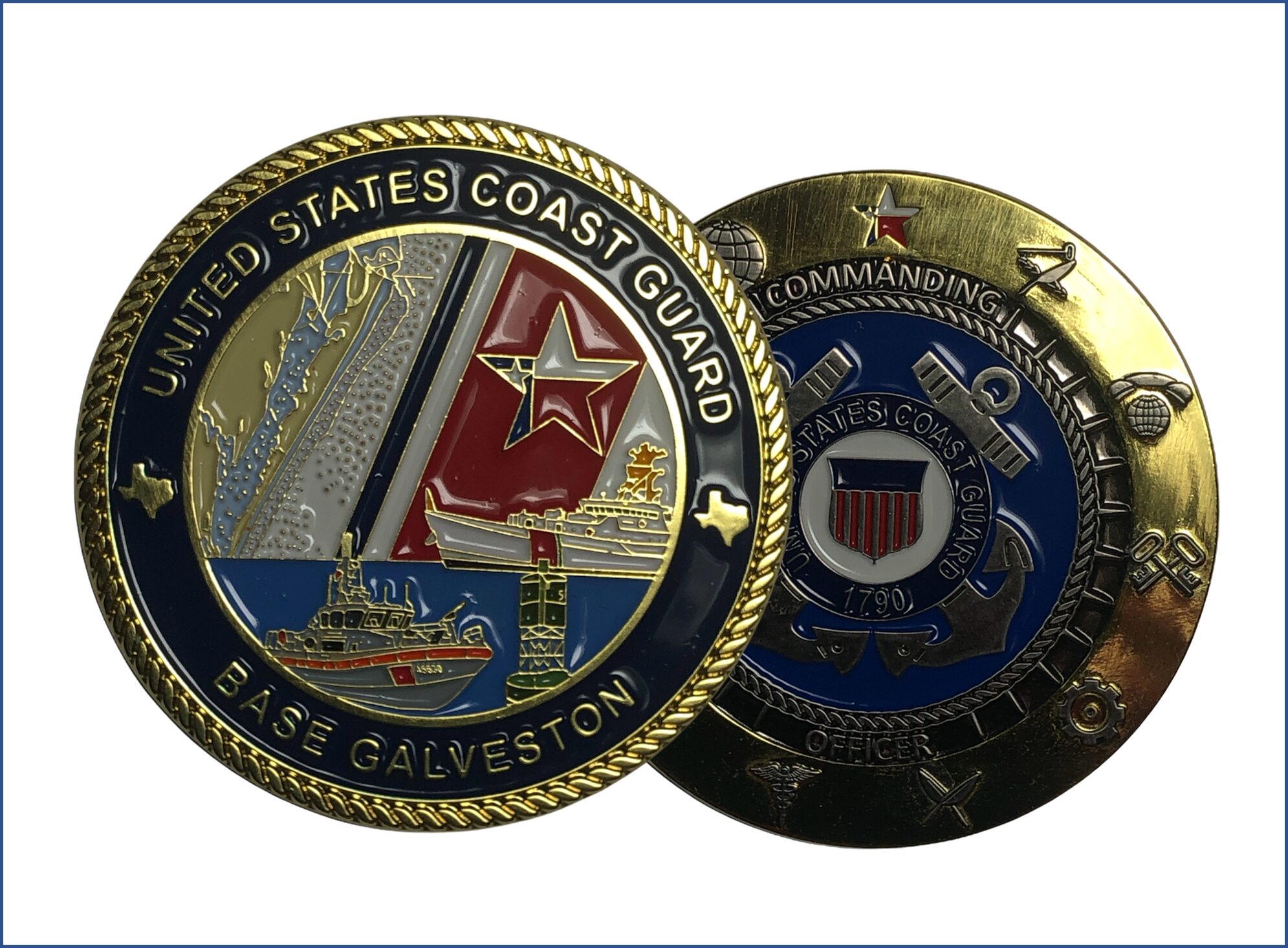 Custom military challenge coin with Coast Guard artwork and antique gold finish
