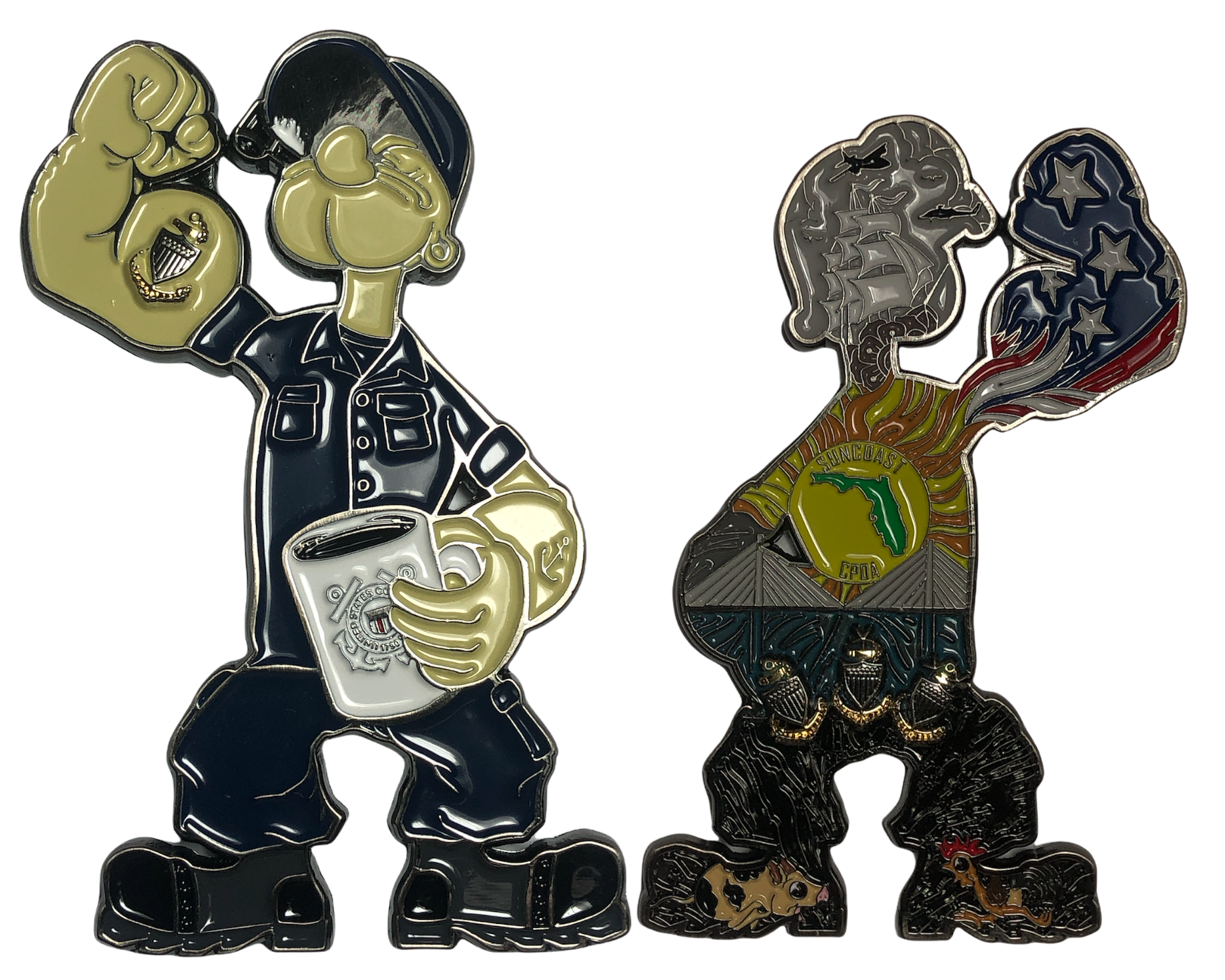 Custom shaped challenge coin in shape of PopEye